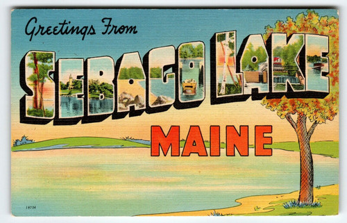 Greetings From Sebago Lake Maine Large Big Letter Postcard Linen Unused Town
