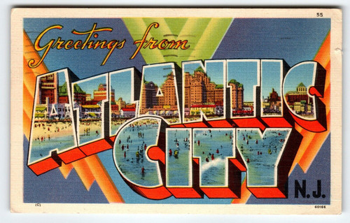 Greetings From Atlantic City New Jersey Postcard Linen Large Letter Beach Town