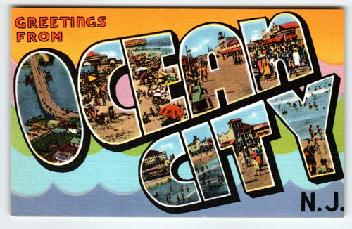 Greetings From Ocean City New Jersey Postcard Linen Large Big Letter Beach Town