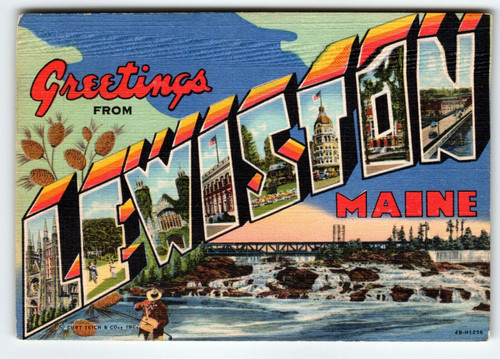 Greetings From Lewiston Maine Large Big Letter Postcard Linen Curt Teich Unused