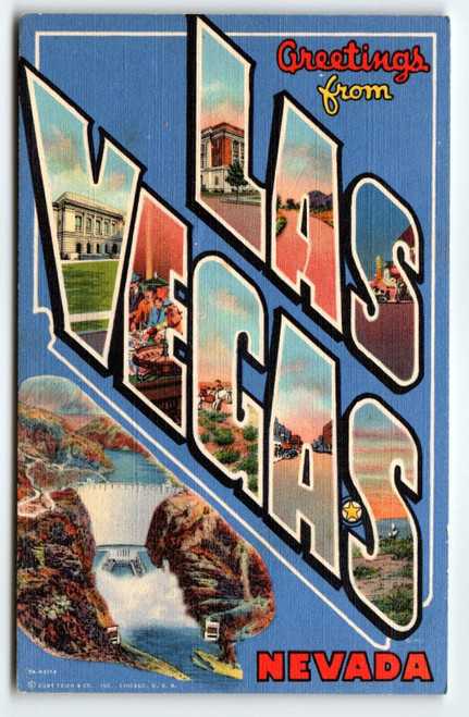Greetings From Las Vegas Nevada Large Letter Postcard Linen Curt Teich Unused