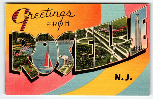 Greetings From Roselle New Jersey Postcard Linen Large Big Letter City Coronet