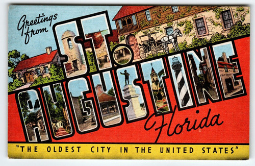 Greetings From St. Augustine Florida Large Letter Linen Postcard Unposted City