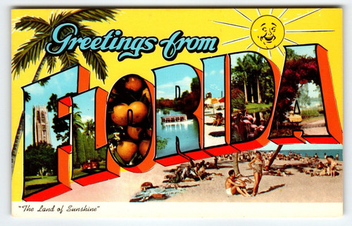 Greetings From Florida Land Of Sunshine Large Letter Chrome Postcard Beach Ocean