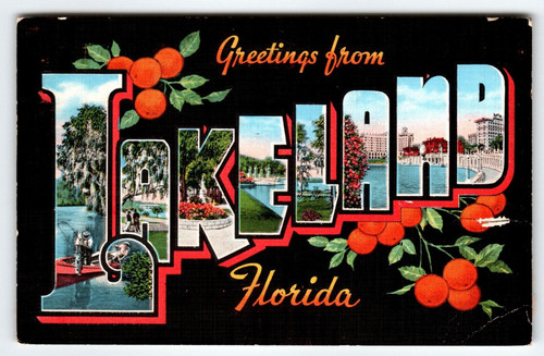 Greetings From Lakeland Florida Large Letter Linen Postcard 1940 Oranges Vintage