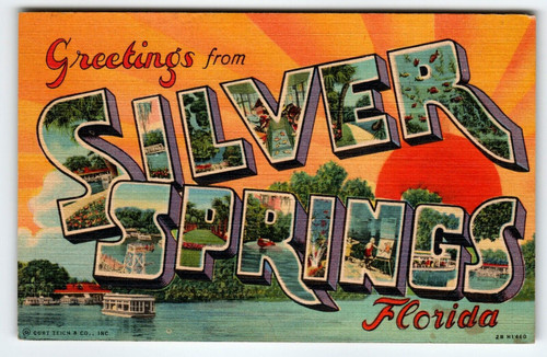 Greetings From Silver Springs Florida Large Letter Linen Postcard Unposted Boat