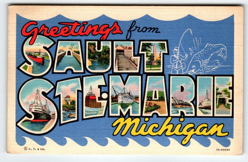 Greetings From Sault Ste. Marie Michigan Large Letter State Postcard Linen 1938