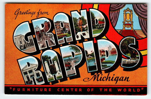 Greetings From Grand Rapids Michigan Large Letter Postcard Linen Unused Kropp