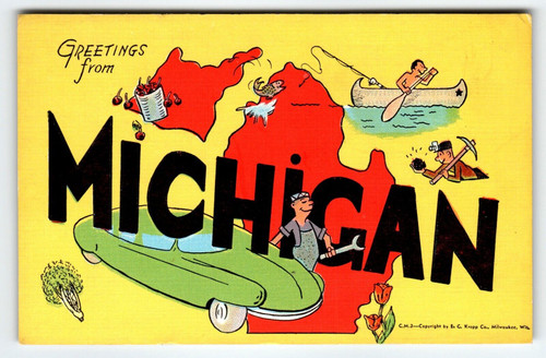 Greetings From Michigan Large Letter Postcard Linen Unused Kropp Car Boat Fish