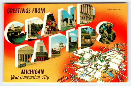 Greetings From Grand Rapids Michigan Large Letter Map Postcard Chrome Unused