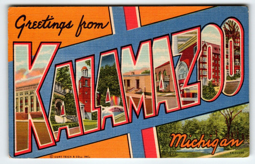 Greetings From Kalamazoo Michigan Large Letter Postcard Linen 1954 Curt Teich