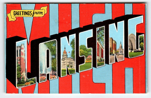 Greetings From Lansing Michigan Large Letter Postcard Linen Unused Kropp Vintage Greetings From Lansing Michigan Large Letter Postcard Linen Unused Kropp Vintage