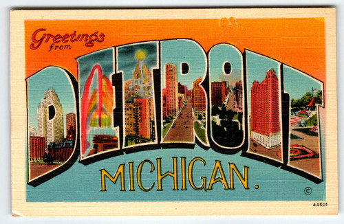 Greetings From Detroit Michigan Large Letter Postcard Linen Unused Metropolitan