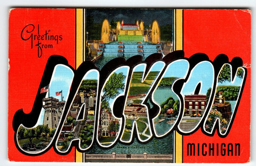 Greetings From Jackson Michigan Large Letter Postcard Linen 1950 Kropp Vintage