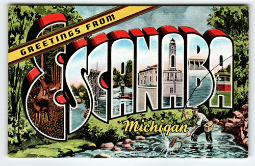 Greetings From Escanaba Michigan Large Letter Postcard Linen Unused Kropp Fish