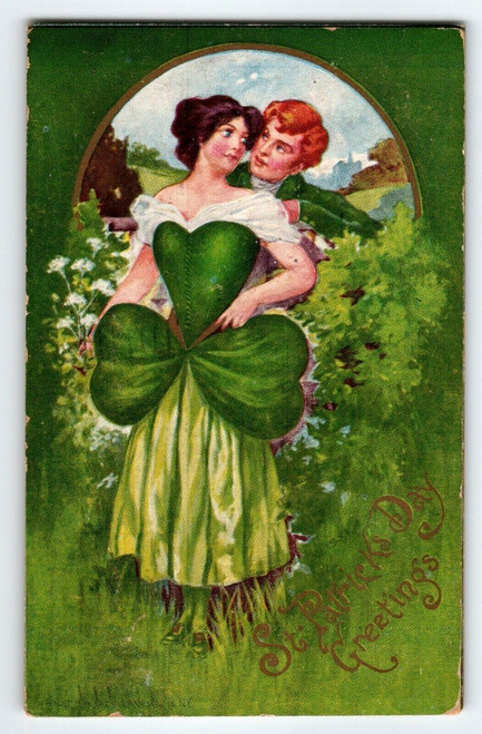 St Patrick's Day Postcard Ullman 157 Lady In Clover Shaped Victorian Dress 1912