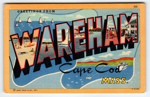 Greetings From Wareham Massachusetts Large Letter Linen Postcard Curt Teich