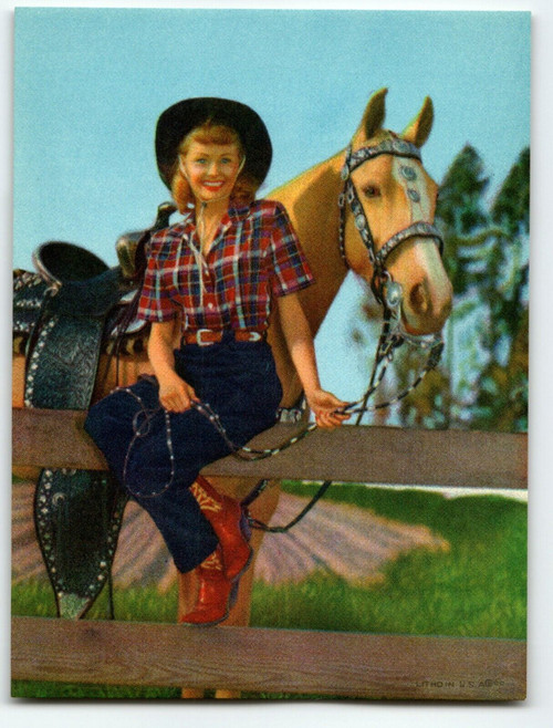 Cowgirl Women Sits On Fence Horse Saddle Art Print 1940's Western Ranch