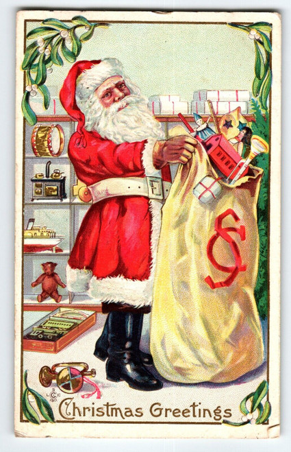 Santa Claus In Toy Shop Christmas Gifts Postcard Stecher Ser 227 Embossed 1911
