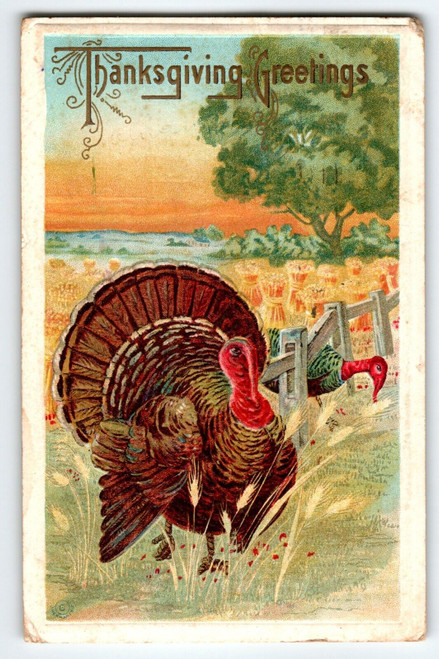 Thanksgiving Greetings Postcard 1913 Embossed Haystacks Farm Turkeys Gold Medal