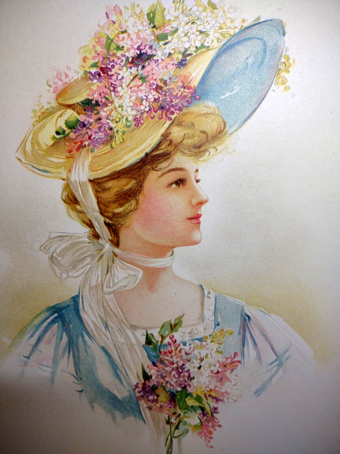 Victorian Art Print Women Fancy Flower Hat With Bouquet Lithograph 1908 Original