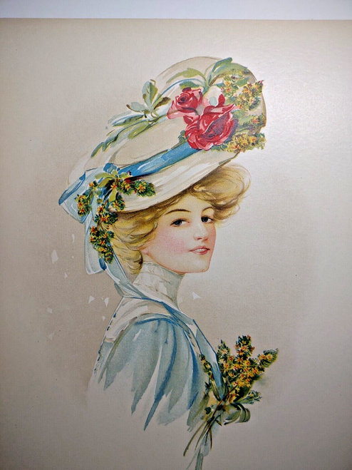Victorian Art Print Women In Fancy Hat Holding Flowers Lithograph 1908 Original