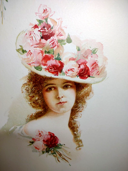 Victorian Art Print Flower Hat Women Cherub Angel Artist Maud Stumm Litho 1903