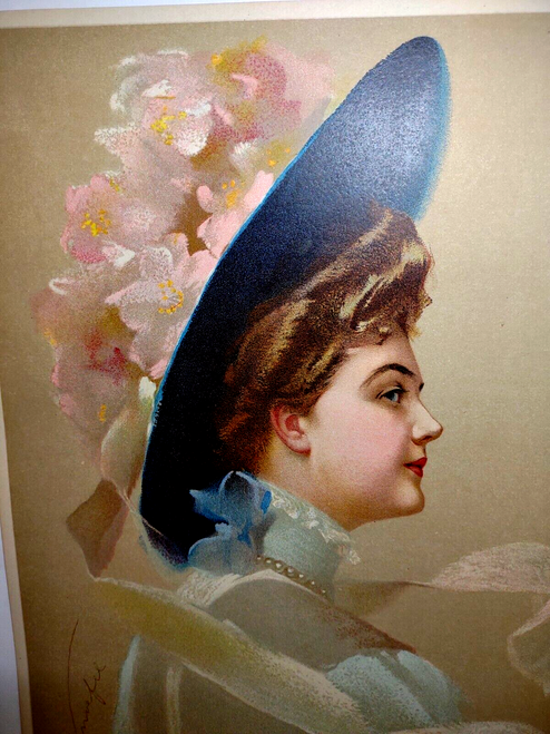 Victorian Art Print Pink Flower Hat Lady Artist Signed Knoefel Gray Litho 1910