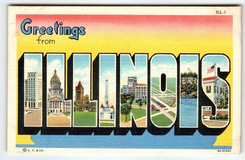 Greetings From Illinois Big Large Letter Postcard Linen Unused Curt Teich