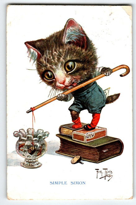 Dressed Cat Postcard Simple Simon Arth. Thiele Fantasy Kitten Can Fishing Pole