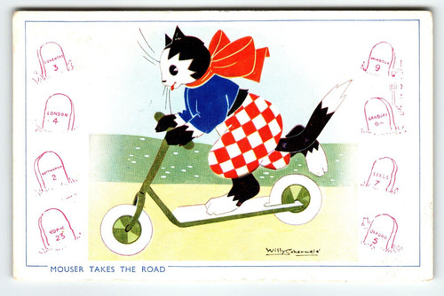 Dressed Cat Postcard Kitten On Scooter Willy Schemele Mouser Takes The Road UK