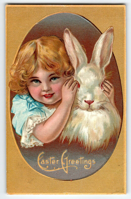 Easter Greetings Postcard Girl With White Bunny Rabbit 1909 Embossed Vintage