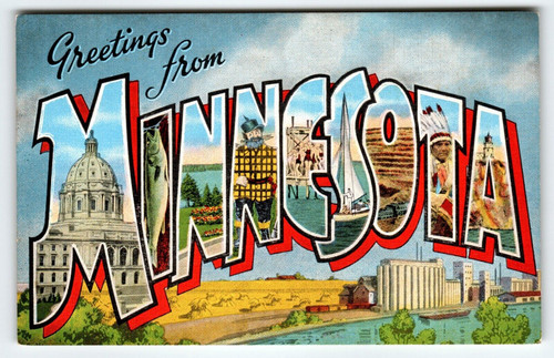 Greetings From Minnesota Large Big Letter Postcard Linen EC Kropp Unused Vintage