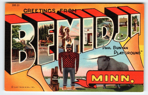 Greetings From Bemidji Minnesota Large Big Letter Postcard Linen Curt Teich