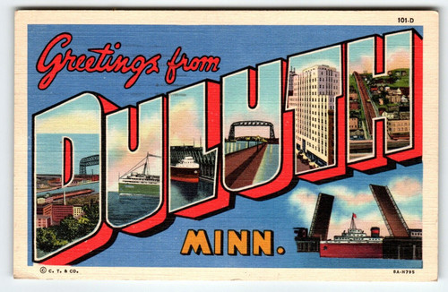 Greetings From Duluth Minnesota Large Big Letter Postcard Linen Curt Teich 1948