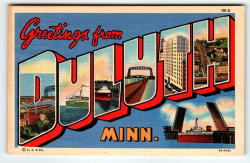 Greetings From Duluth Minnesota Large Big Letter Postcard Linen Curt Teich 1940s