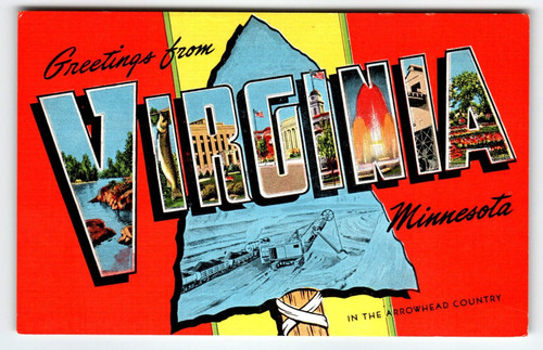 Greetings From Virginia Minnesota Large Big Letter Postcard Linen Digger Truck