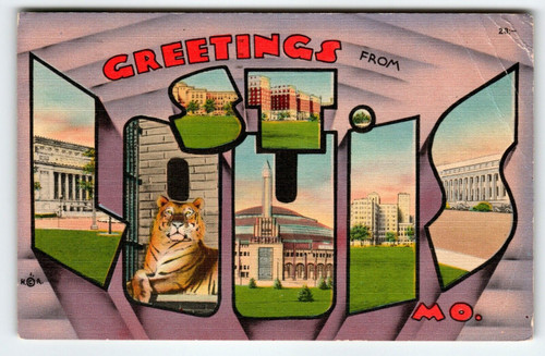 Greetings From St. Louis Missouri Large Big Letter Postcard 1944 Tiger Vintage