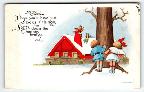 Santa Claus Christmas Postcard Saint Nick On Roof Children Hide Behind Tree 1915