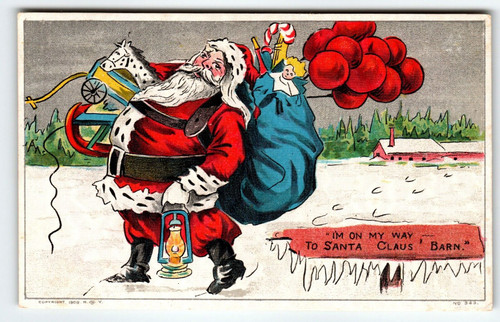 Santa Claus Christmas Postcard St Nick On Way To Barn Holds Lantern Toys 1909 NY