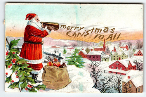 Santa Claus Christmas Postcard St Nick On Village Hill Top With Megaphone 1910