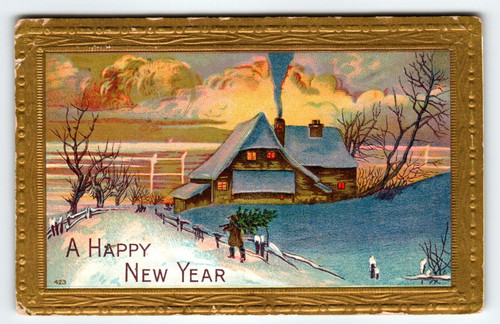 New Years Postcard Scenic Cottage Clouds Mountains Man Carries Cut Tree 1909