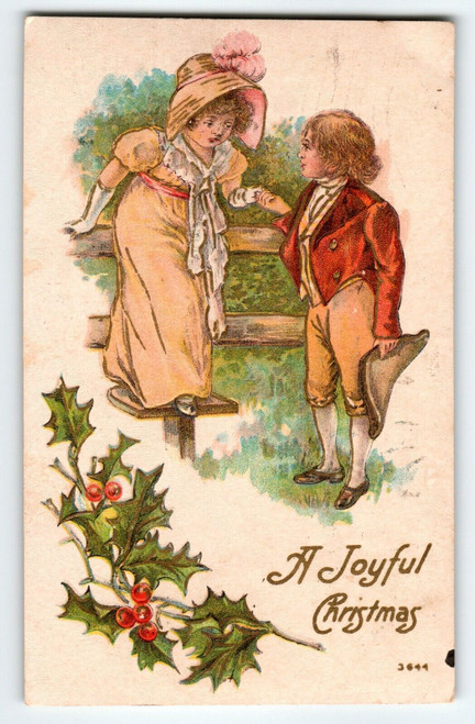 Christmas Postcard Victorian Children Outside Holly Leaves 1909 Embossed