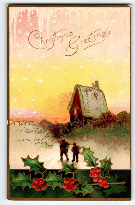Christmas Postcard Rustic Cottage People Walking In Snow Icicles Holly Leaves