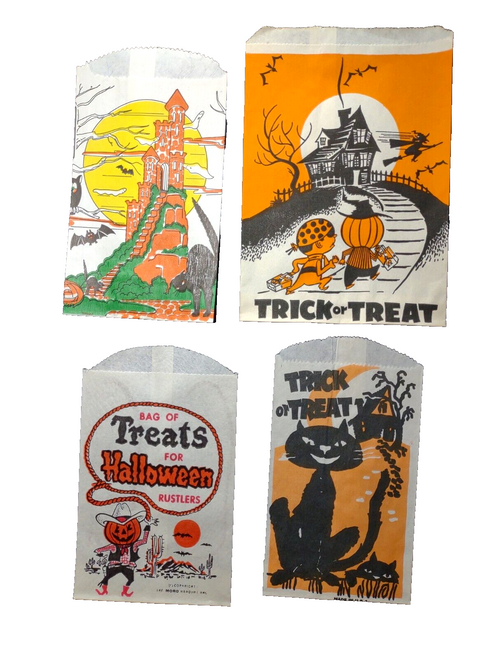 Vintage Halloween Treat Candy Goodie Bags Haunted Castle Cowboy Goblin Black Cat