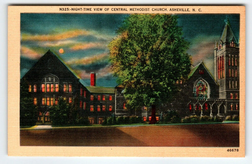Night Time View Central Methodist Church Asheville North Carolina Linen Postcard