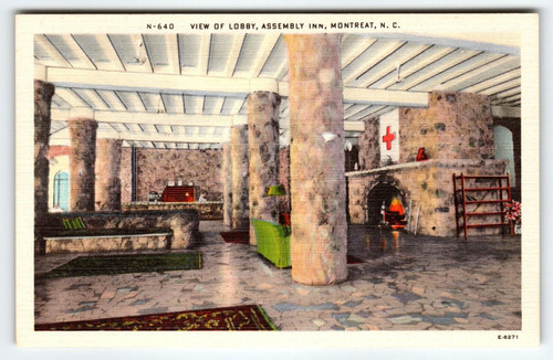 Lobby View Assembly Inn Red Cross Banner Montreat North Carolina Linen Postcard