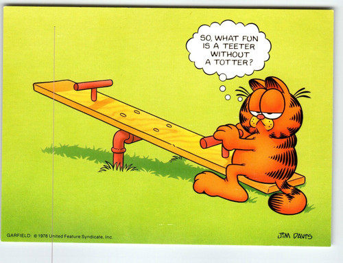 Garfield On Teeter Totter Postcard Signed Jim Davis Comic Cat 1978 Continental