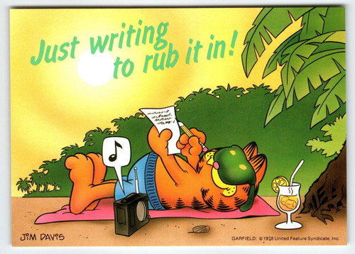 Garfield Just Writing To Rub It In Postcard Signed Jim Davis Comic Cat 1978