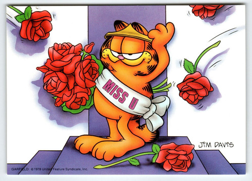 Garfield Miss U Red Roses Postcard Signed Jim Davis Comic Tabby Cat 1978 Unused